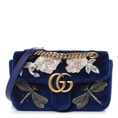 Gucci Velvet Matelasse Embroidered Mini GG Marmont Shoulder Bag Cobalt Blue 1 of 9