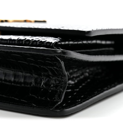 Saint Laurent Calfskin Crocodile Embossed Monogram Sunset Top Handle Chain Wallet Black 10 of 11