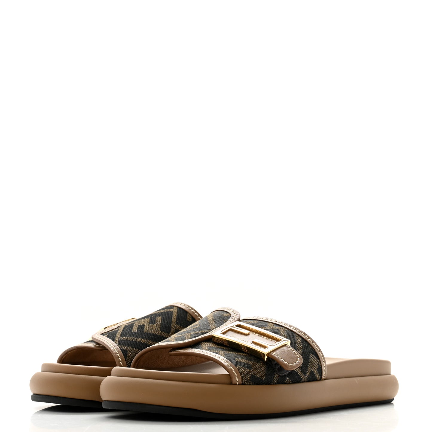 Fabric Jacquard Nappa FF Womens Fendi Feel Slide Sandals 37.5 Tobacco Black Miele Scuro