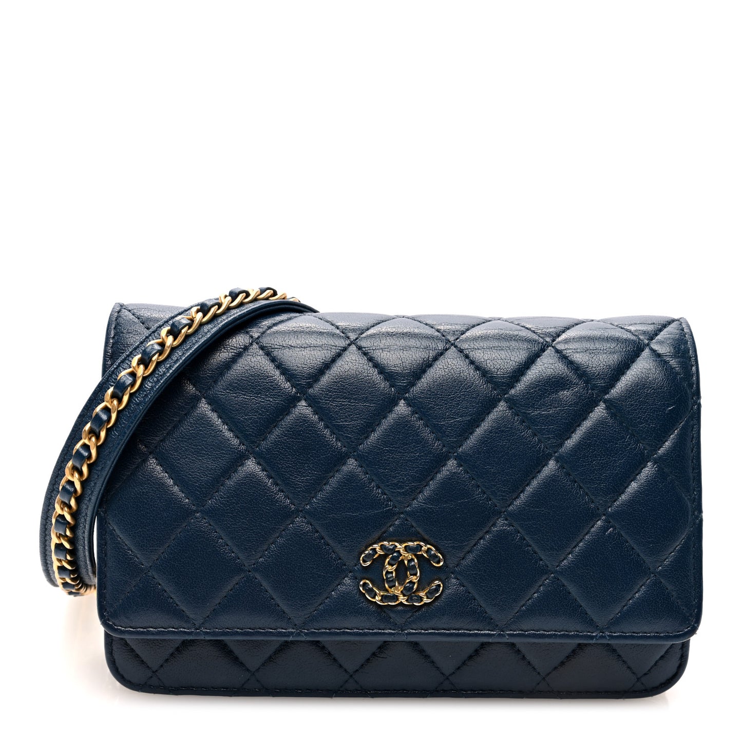 Goatskin Quilted Chanel 19 Wallet On Chain WOC Blue