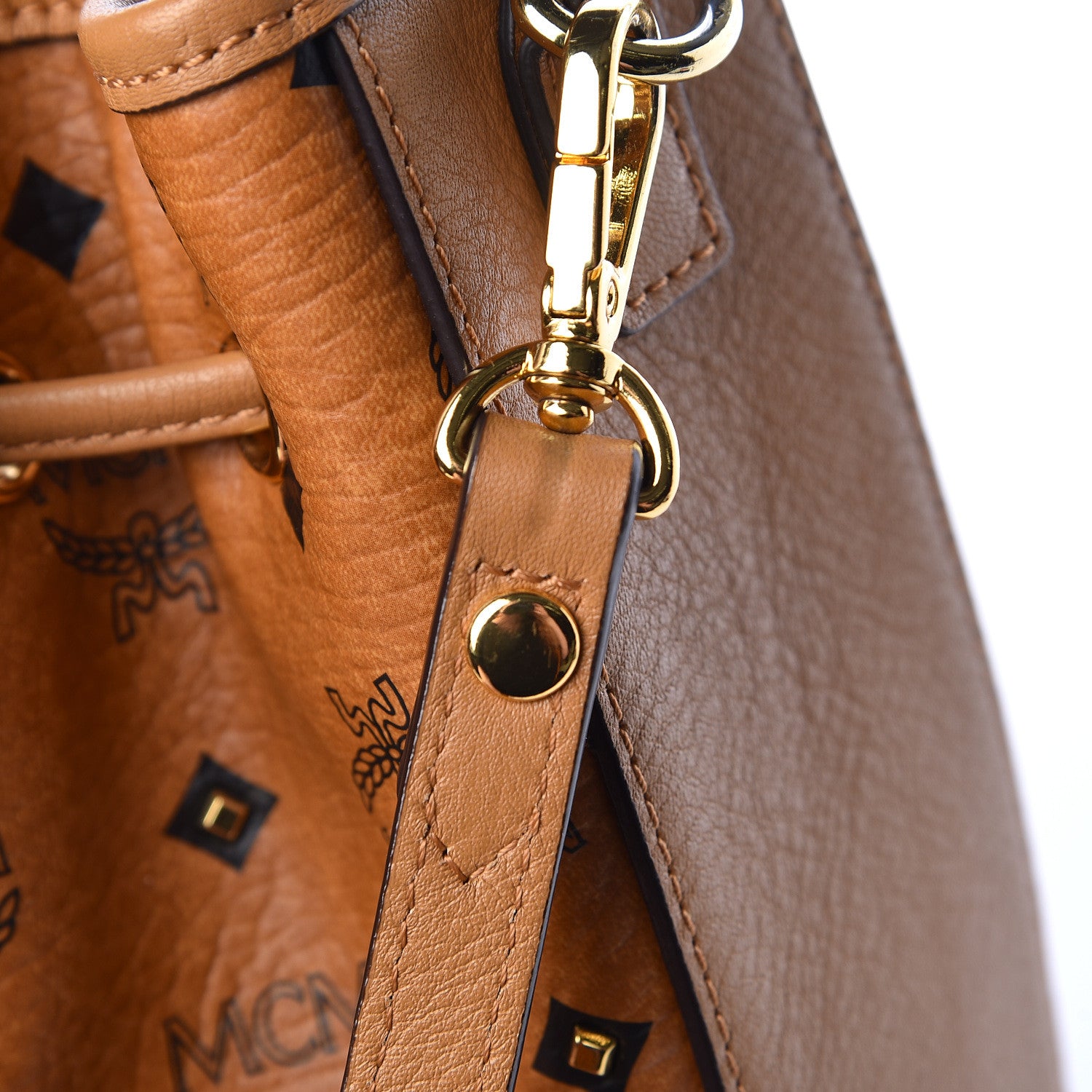 MCM Visetos Studded Small Drawstring Shopper Cognac 11 of 16