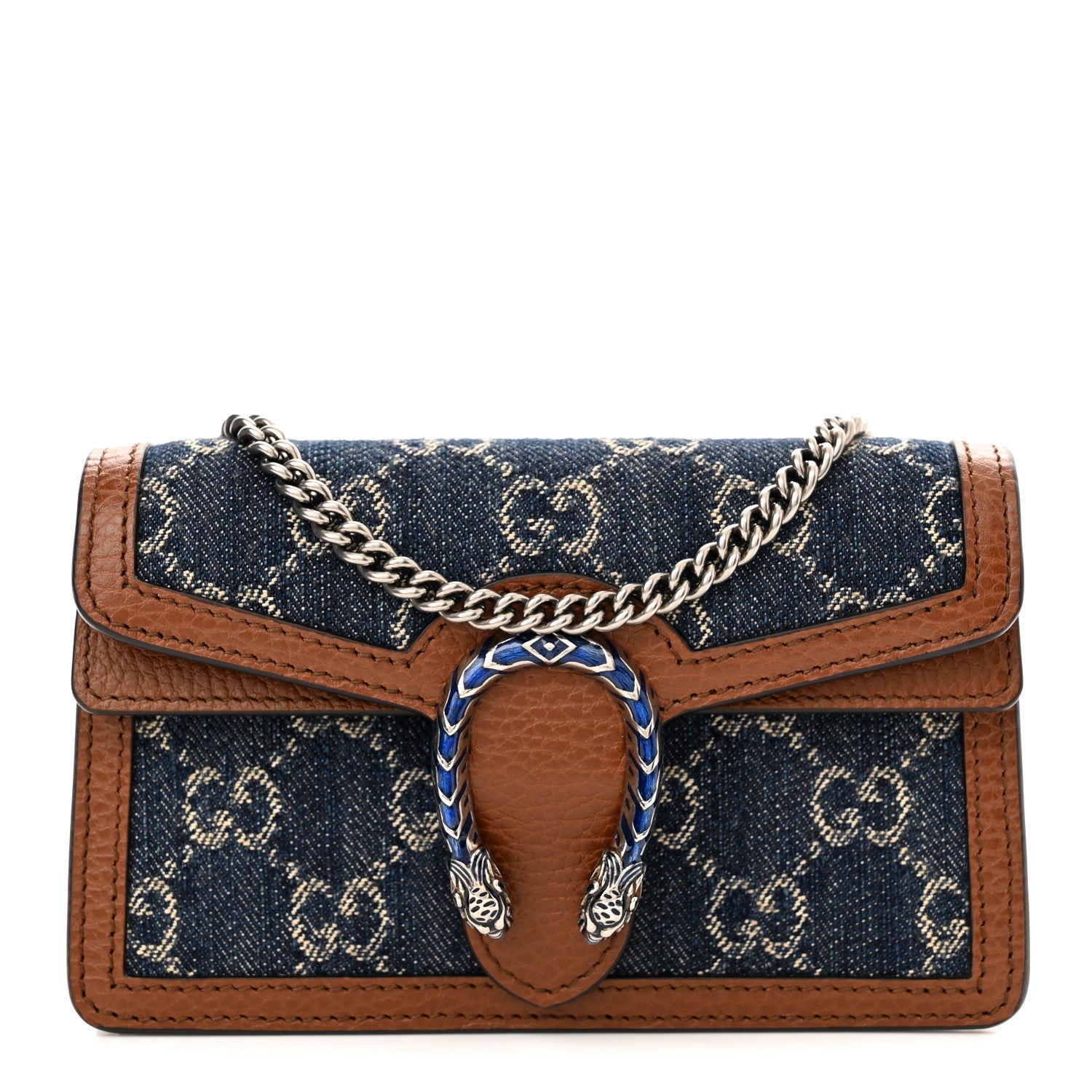 Gucci New Denim GG Monogram Dollar Calfskin Enamel Super Mini Dionysus Shoulder Bag Blue Tea Cuir Epilog Electric Blue 1 of 10
