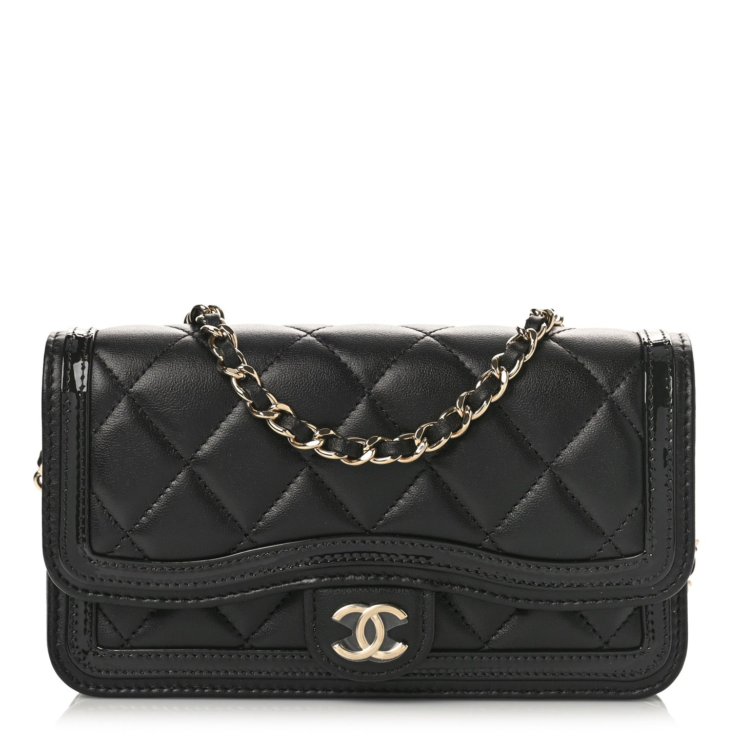 Lambskin Patent Quilted Phone Holder Wallet With Chain Black