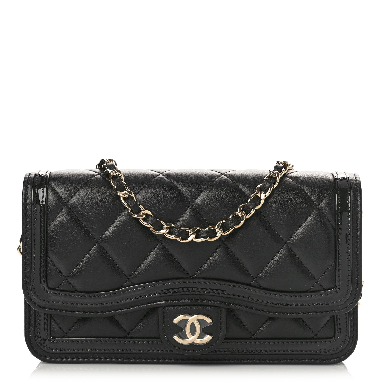 Chanel Lambskin Patent Quilted Phone Holder Wallet With Chain Black 1 of 10