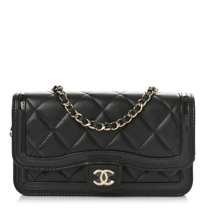 Chanel Lambskin Patent Quilted Phone Holder Wallet With Chain Black 1 of 10