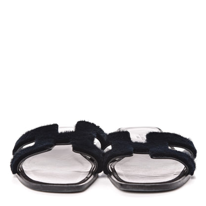 Hermes Sheared Mink Womens Oran Sandals 37 Black 2 of 7