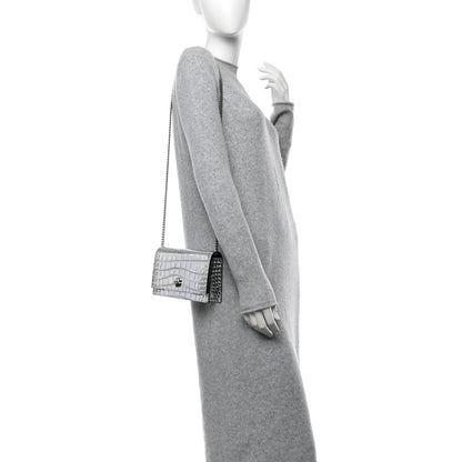 Alexander McQueen Metallic Calfskin Crocodile Embossed Skull Mini Shoulder Bag Silver 2 of 11