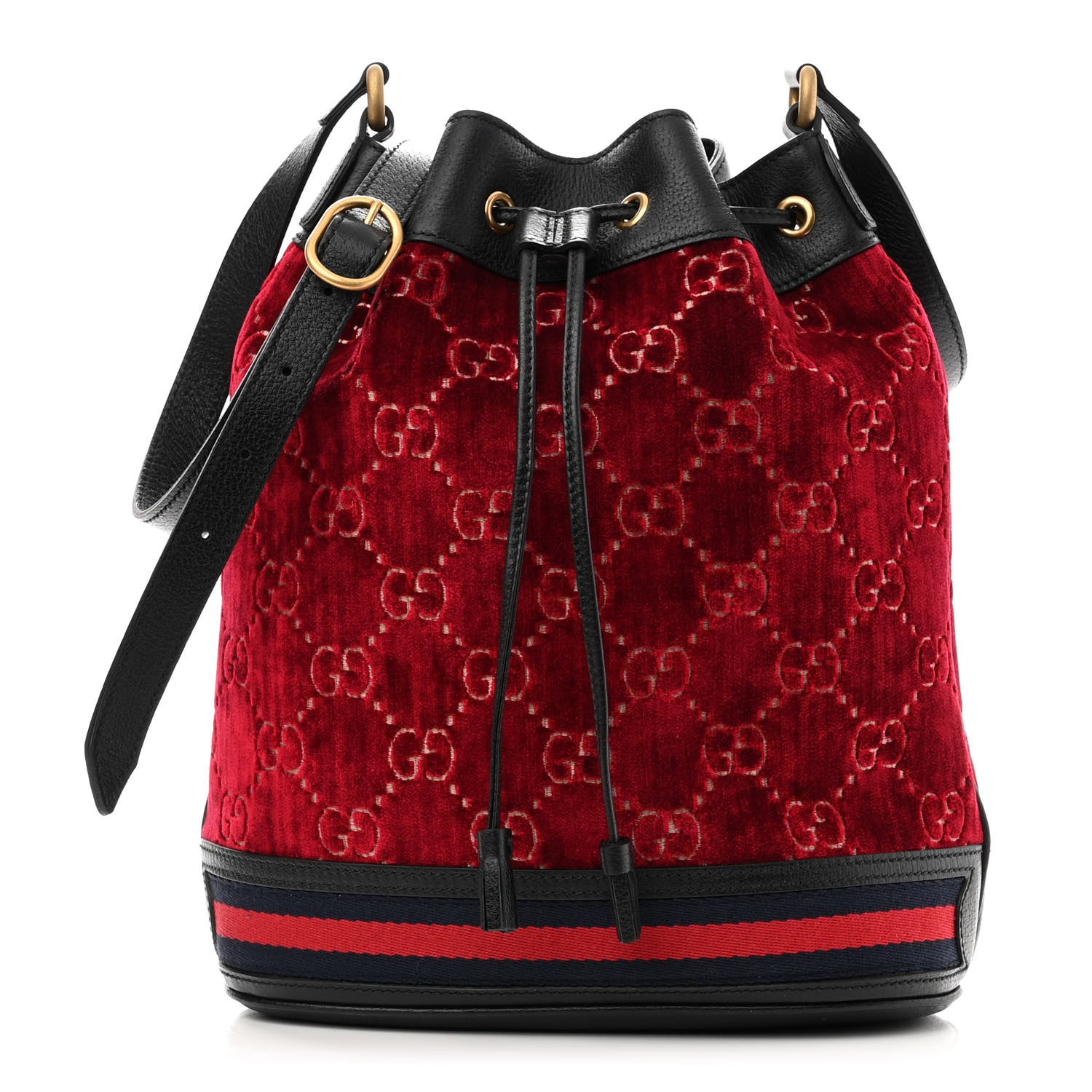 Gucci Velvet GG Monogram Web Bucket Bag Red Cipria Black 1 of 11