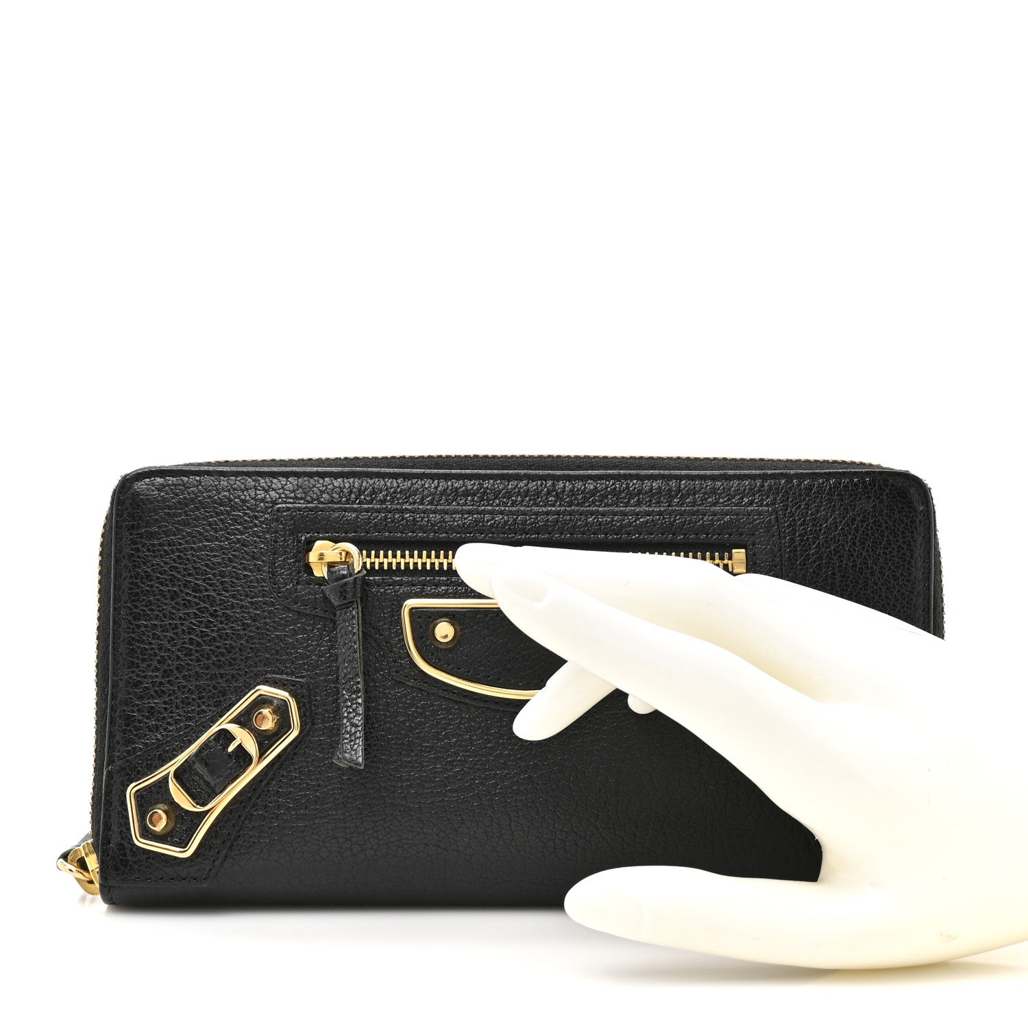 Balenciaga Chevre Gold Metallic Edge Hardware Continental Zip Around Wallet Black 2 of 12