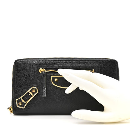 Balenciaga Chevre Gold Metallic Edge Hardware Continental Zip Around Wallet Black 2 of 12