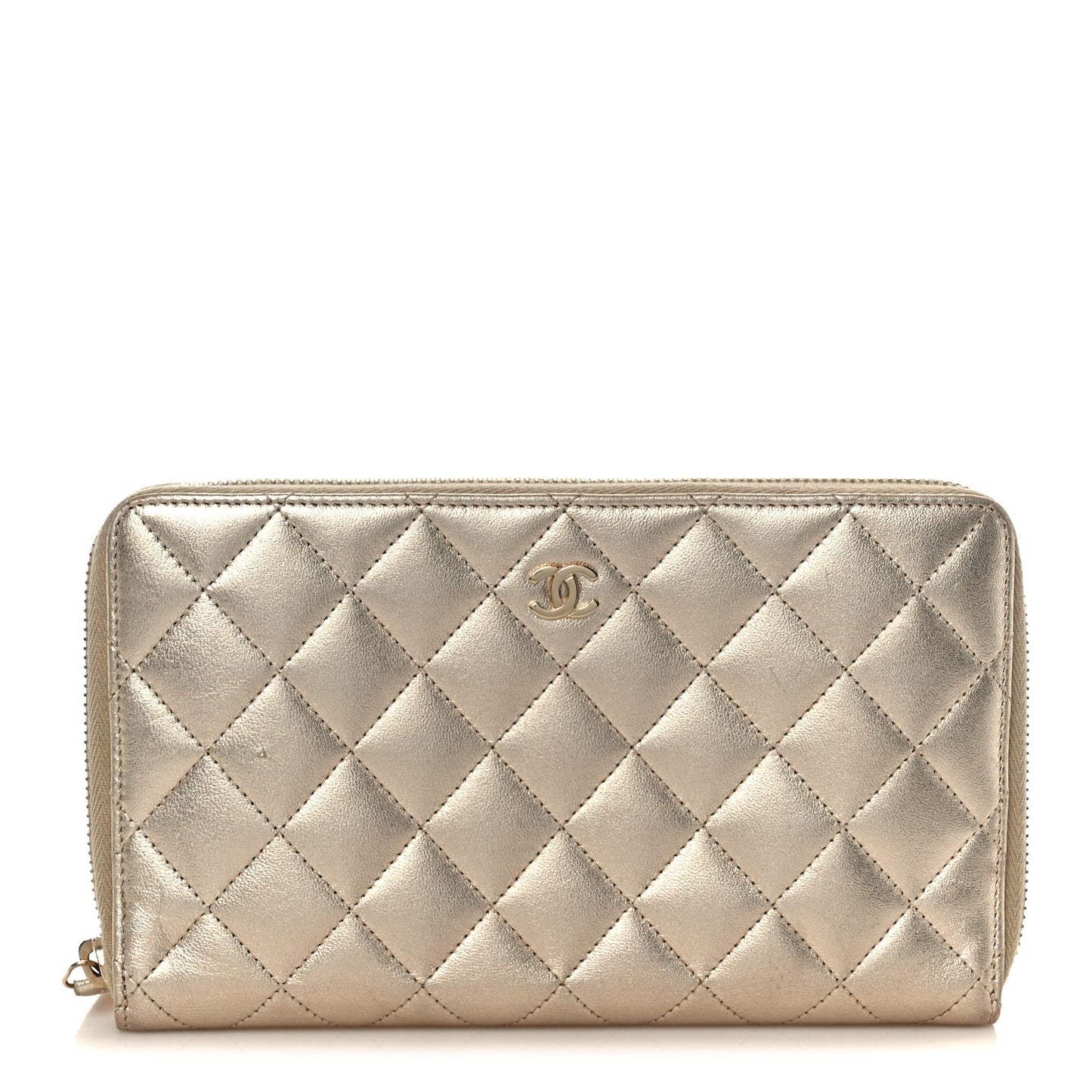 Iridescent Lambskin Quilted Large Zip Around Organizer Wallet Light Gold