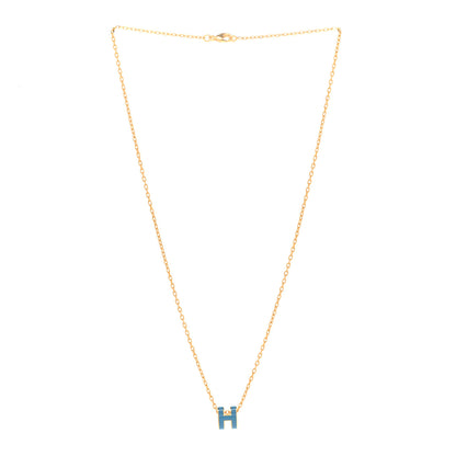 Hermes Lacquered Gold Mini Pop H Pendant Necklace Bleu Jean 3 of 8