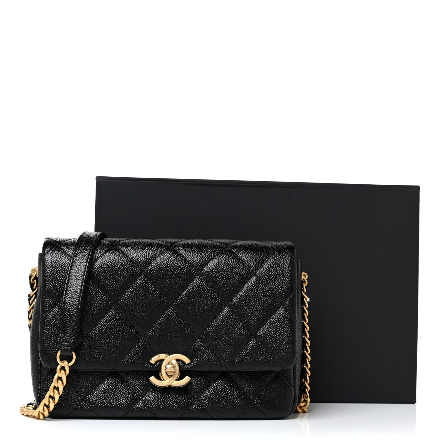 Shiny Caviar Quilted Small Chain Melody Flap Black