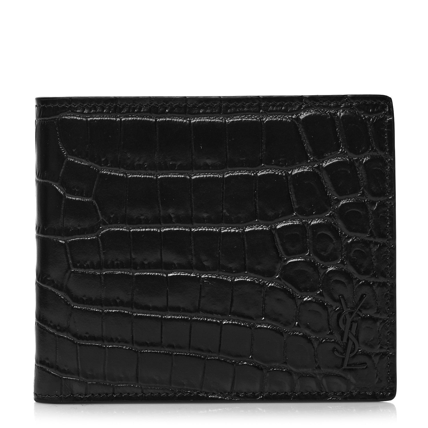 Saint Laurent Calfskin Crocodile Embossed Monogram Bifold Wallet Black 1 of 7
