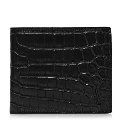Saint Laurent Calfskin Crocodile Embossed Monogram Bifold Wallet Black 1 of 7