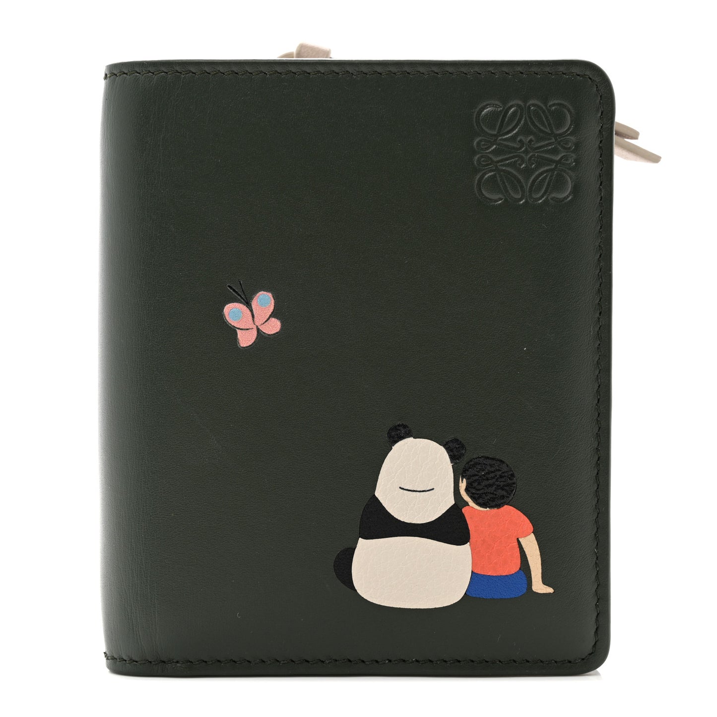 X SUNA FUJITA Satin Calfskin Panda Compact Zip Wallet Bottle Green