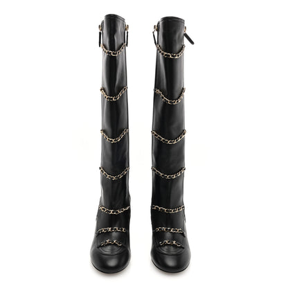Chanel Lambskin Patent Calfskin Chained High Boots 37 Black 3 of 8