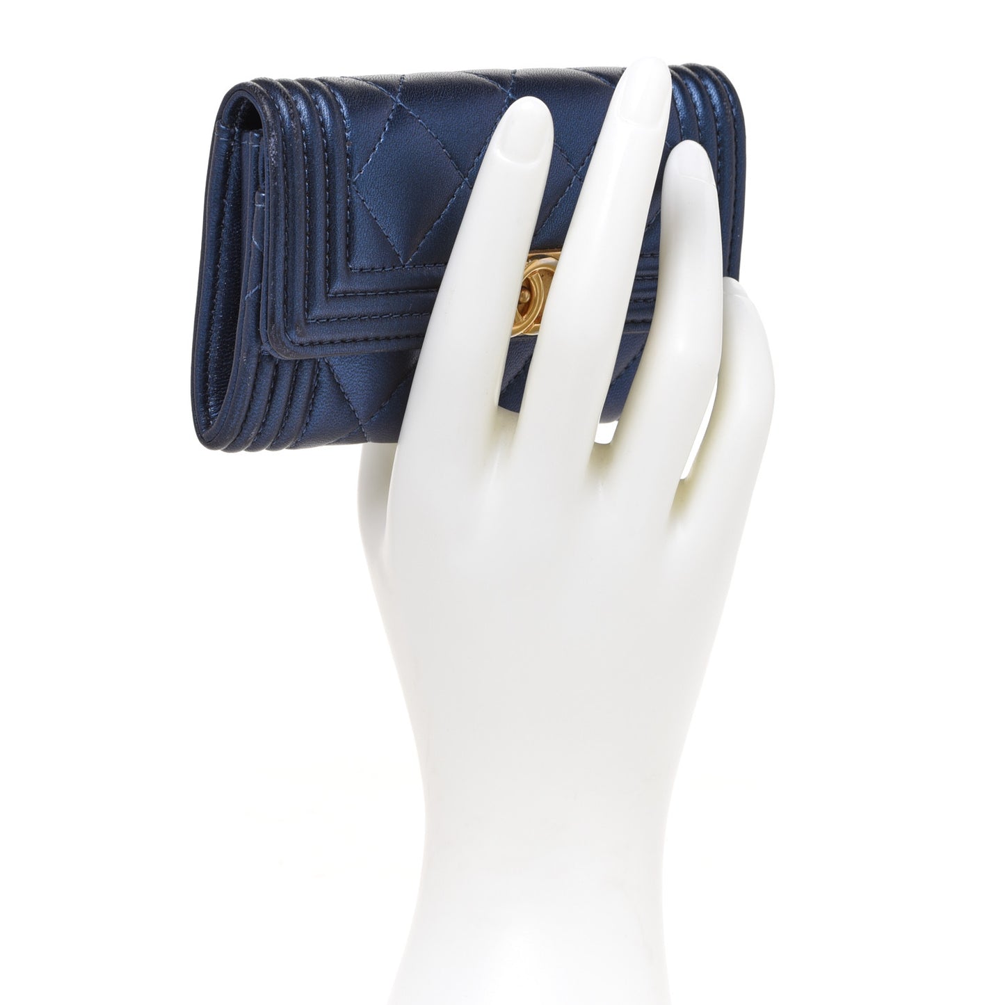 Metallic Lambskin Quilted Boy Flap Card Holder Blue