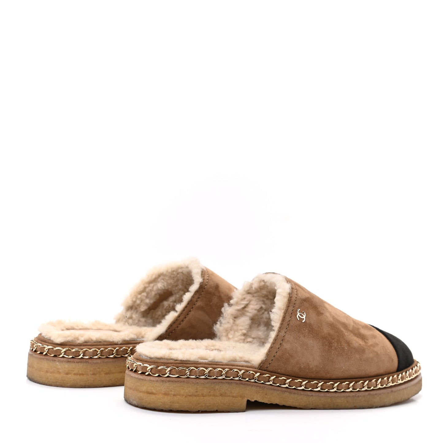 Kid Suede Shearling CC Chain Mules 40 Light Brown Black