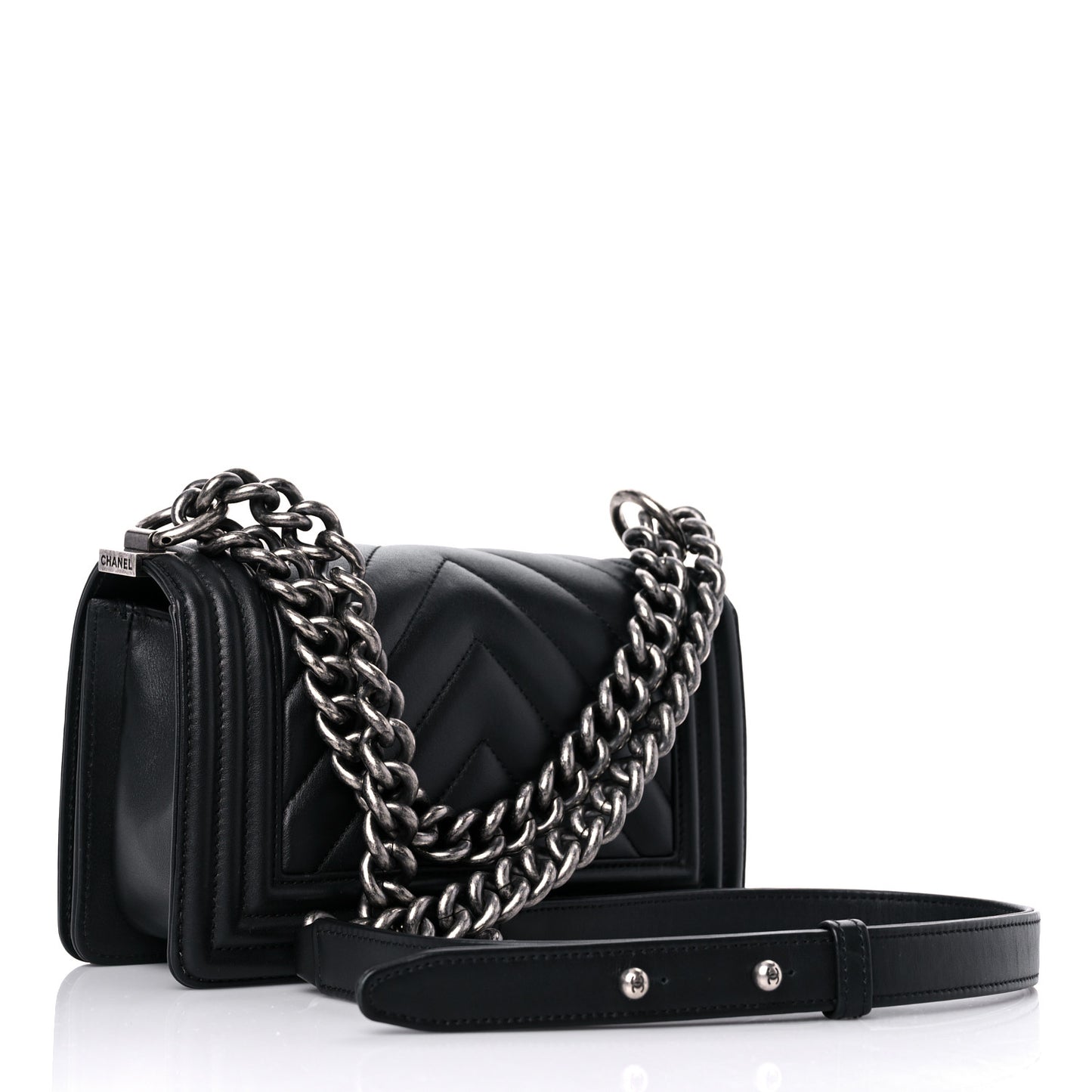 Calfskin Chevron Quilted Small Boy Flap Black