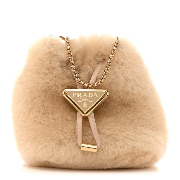 Prada Shearling Metal Triangle Logo Mini Drawcord Pouch Shoulder