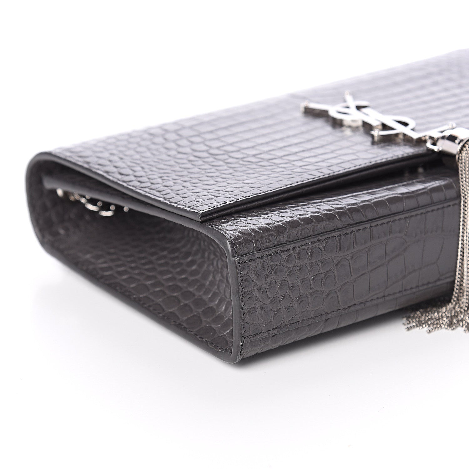 Saint Laurent Calfskin Crocodile Embossed Medium Classic Monogram Kate Tassel Satchel Storm 7 of 8