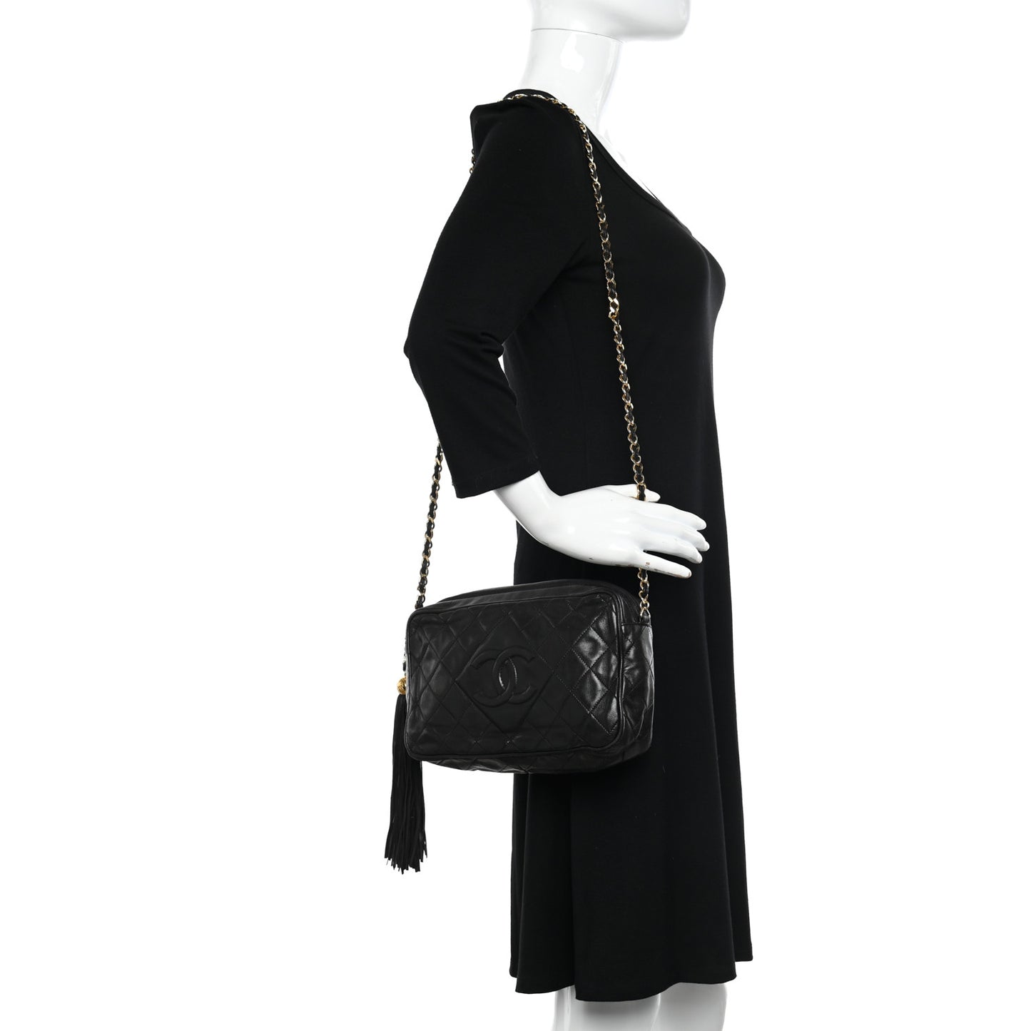 Lambskin Quilted CC Tassel Camera Case Black