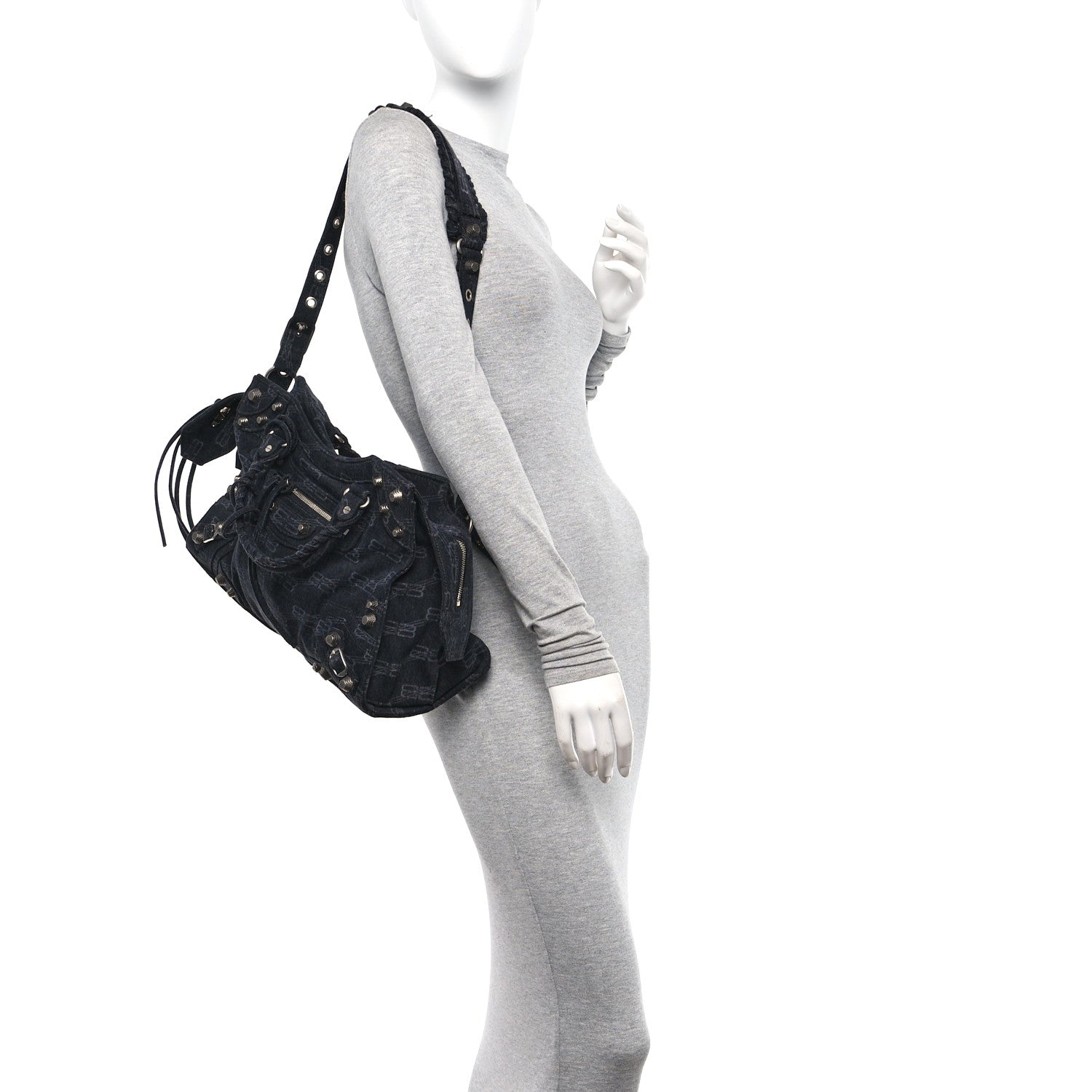 Balenciaga Washed Denim BB Monogram Neo Cagole City Handbag Black 2 of 11