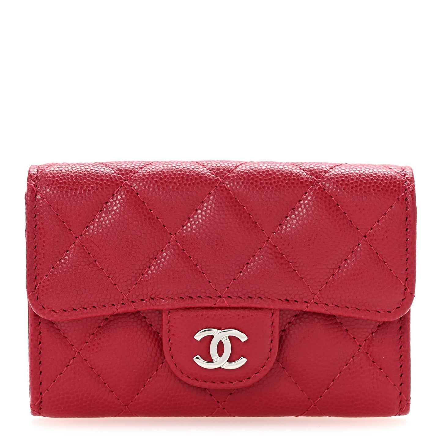Caviar Quilted Flap Card Holder Wallet Dark Pink
