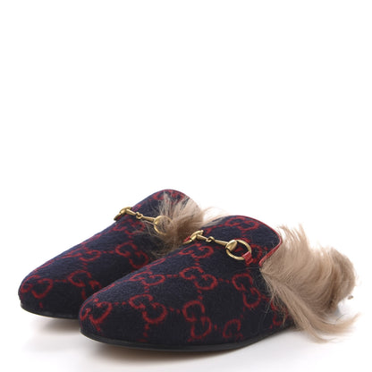 Gucci Covered Wool Big GG Monogram Fur Womens Princetown Slippers 38 Blue Red Butterscotch 3 of 8
