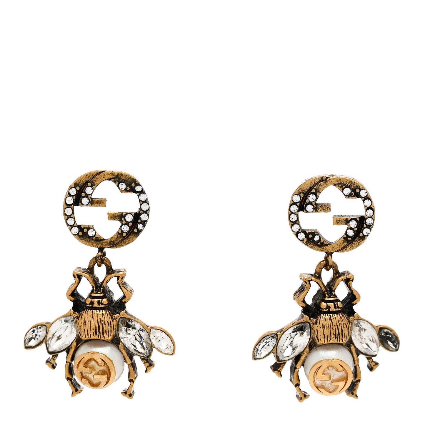 Crystal Pearl GG Drop Bee Earrings Gold
