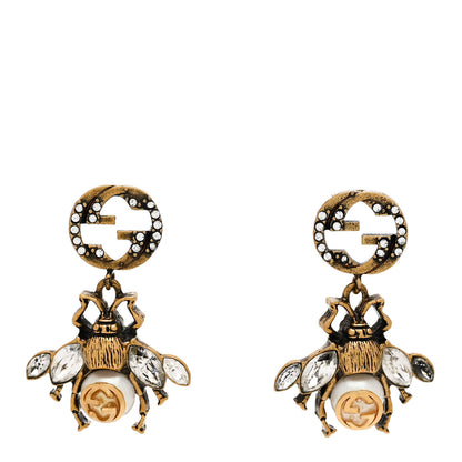 Gucci Crystal Pearl GG Drop Bee Earrings Gold 1 of 5