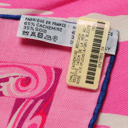 Hermes Cashmere Silk De La Mer Au Ciel Shawl 140 Rose Vif Fuchsia Gris Bleuete 6 of 7