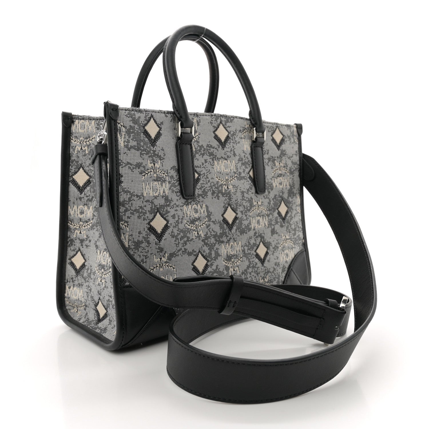 MCM Vintage Jacquard Monogram Small Munchen Tote Grey 3 of 10