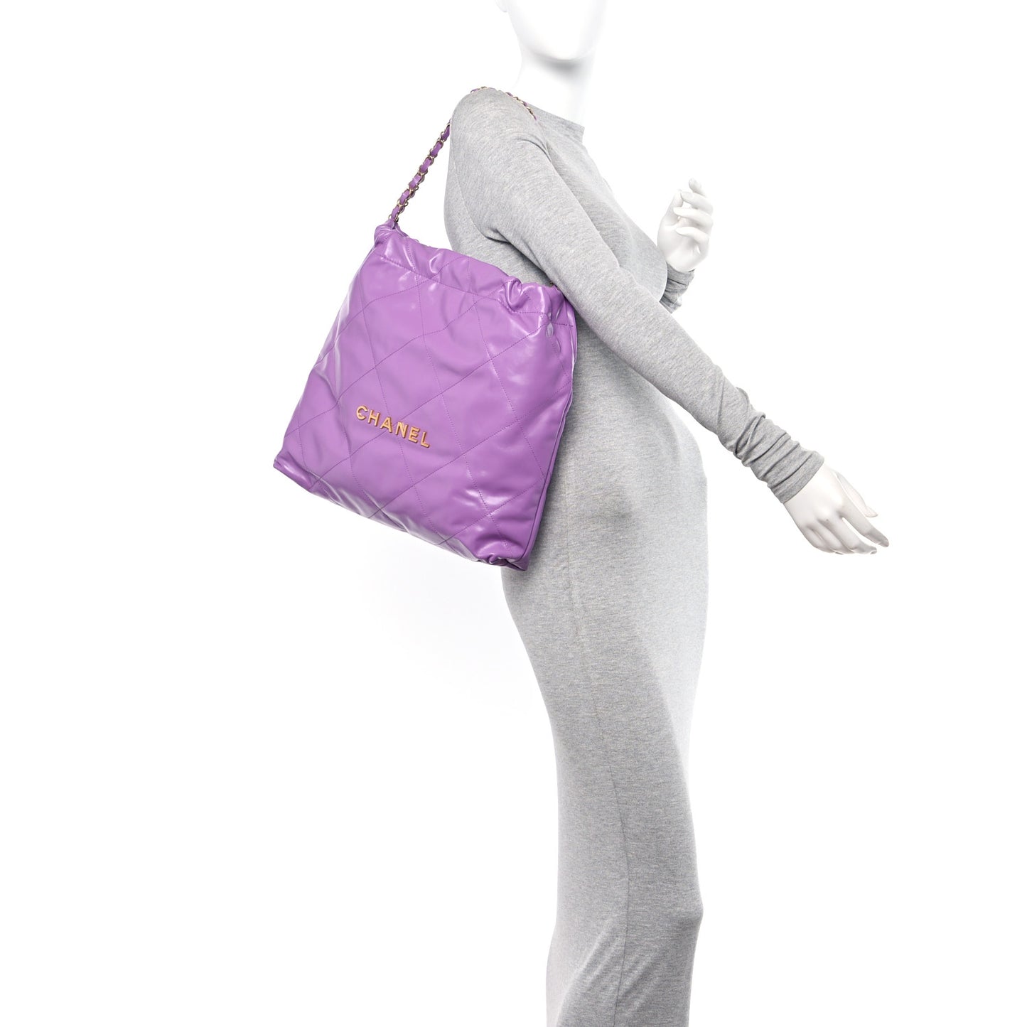Shiny Calfskin Quilted Chanel 22 Drawstring Bag Purple