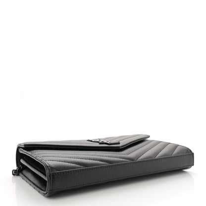 Saint Laurent Grain De Poudre Matelasse Chevron Monogram Monochrome Chain Wallet Black 4 of 13