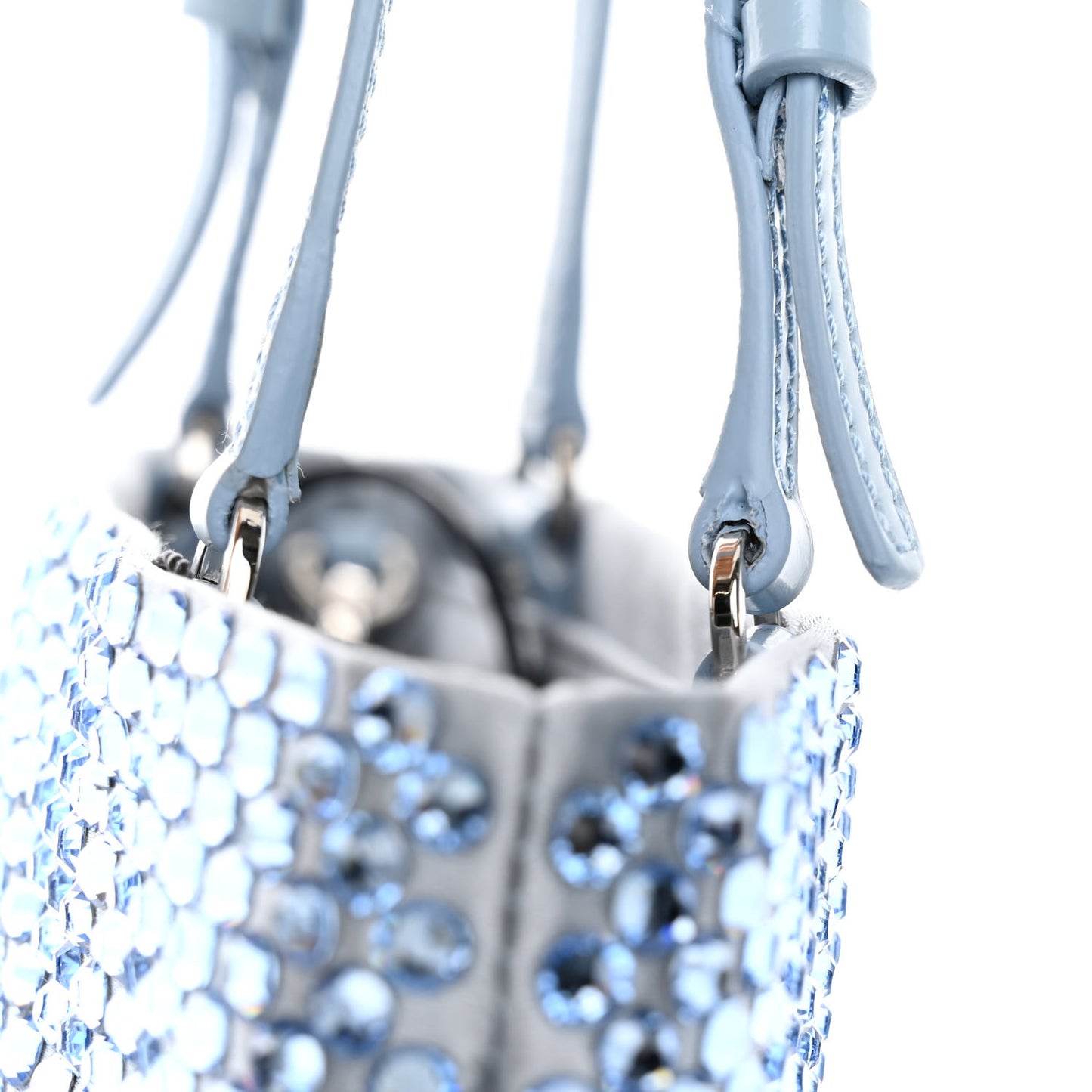 Satin Crystal Metal Triangle Logo Chain Crossbody Handbag Celeste