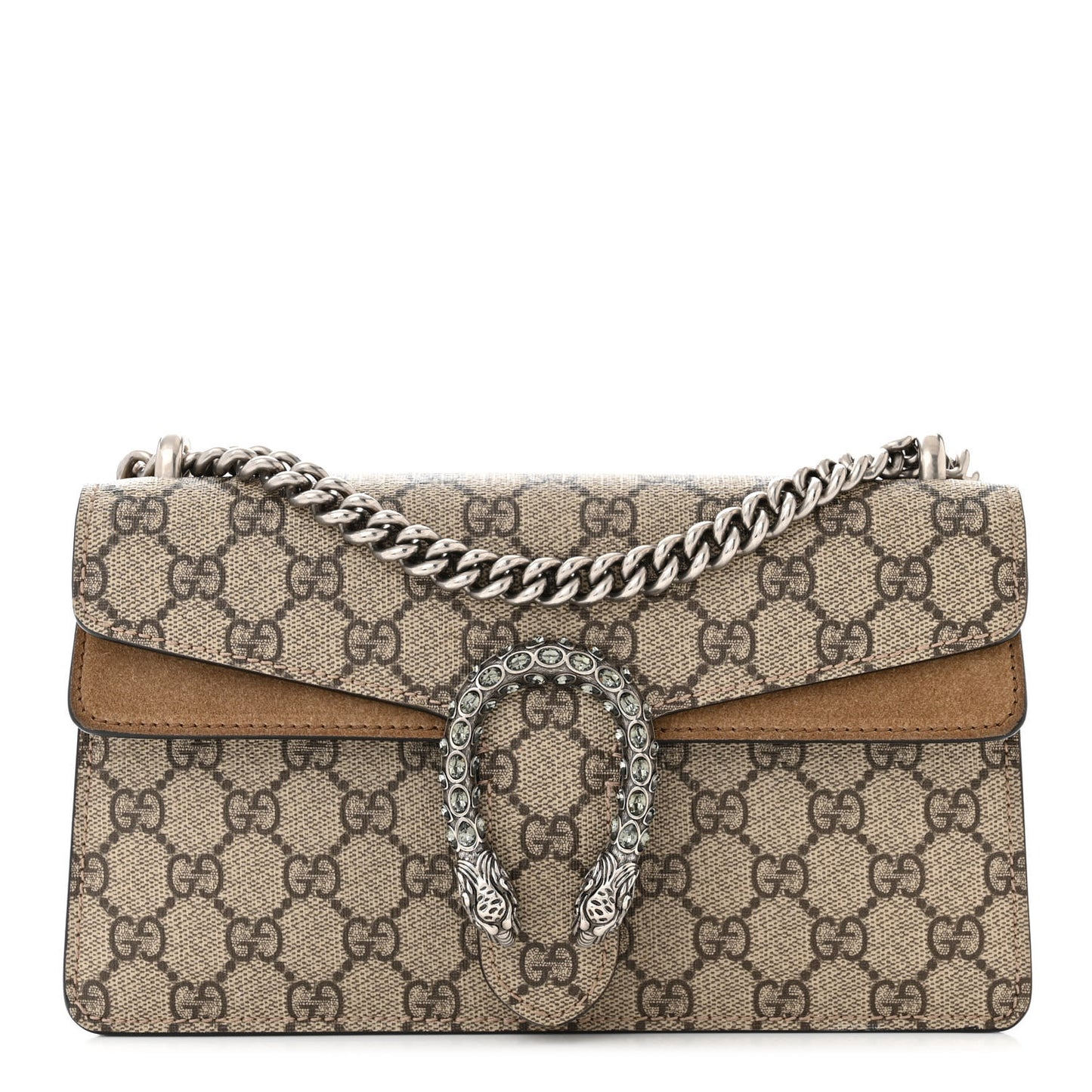 GG Supreme Monogram Suede Crystal Small Dionysus Shoulder Bag Beige Ebony Taupe