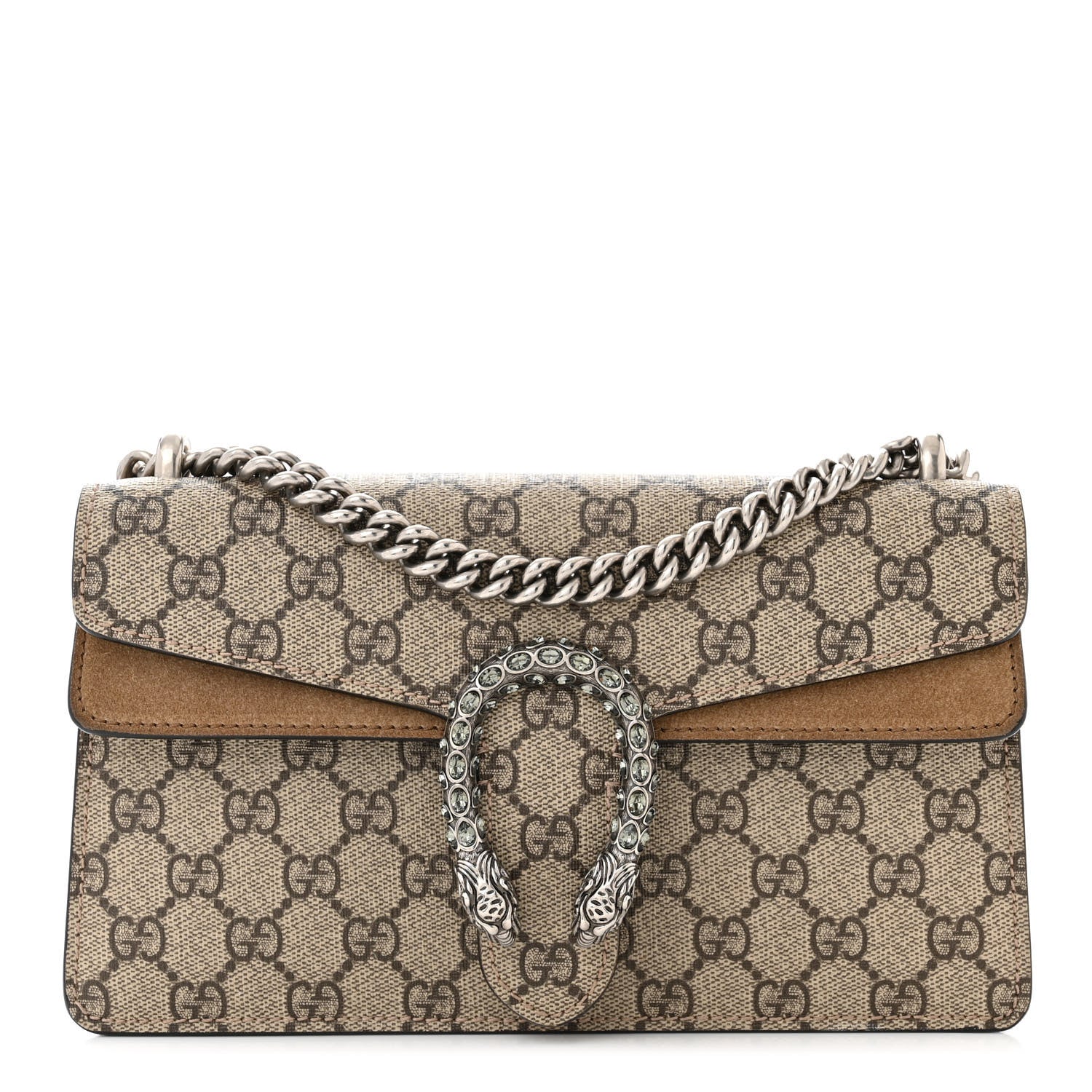 Gucci GG Supreme Monogram Suede Crystal Small Dionysus Shoulder Bag Beige Ebony Taupe 1 of 12
