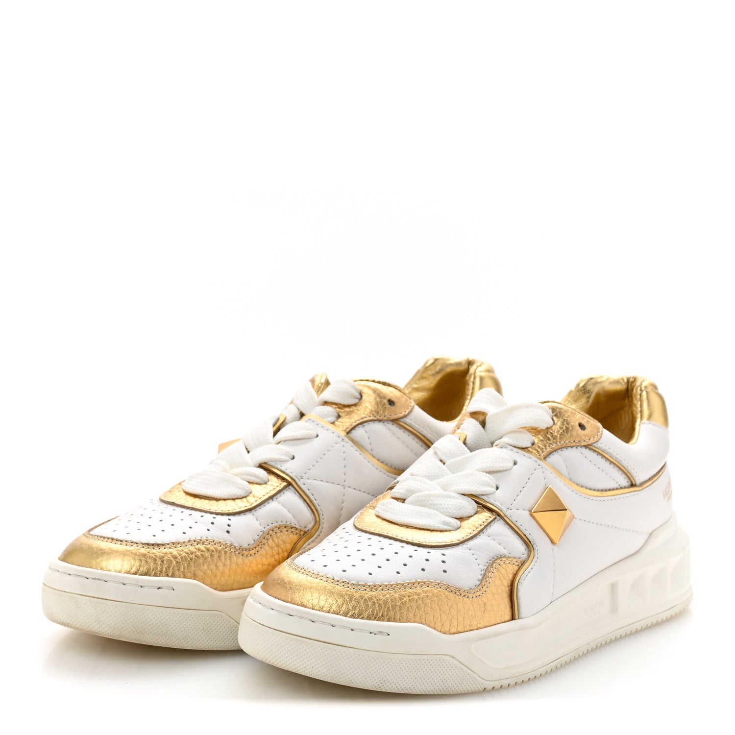 Valentino Garavani Calfskin Roman Stud Sneakers 37.5 White Gold 4 of 9