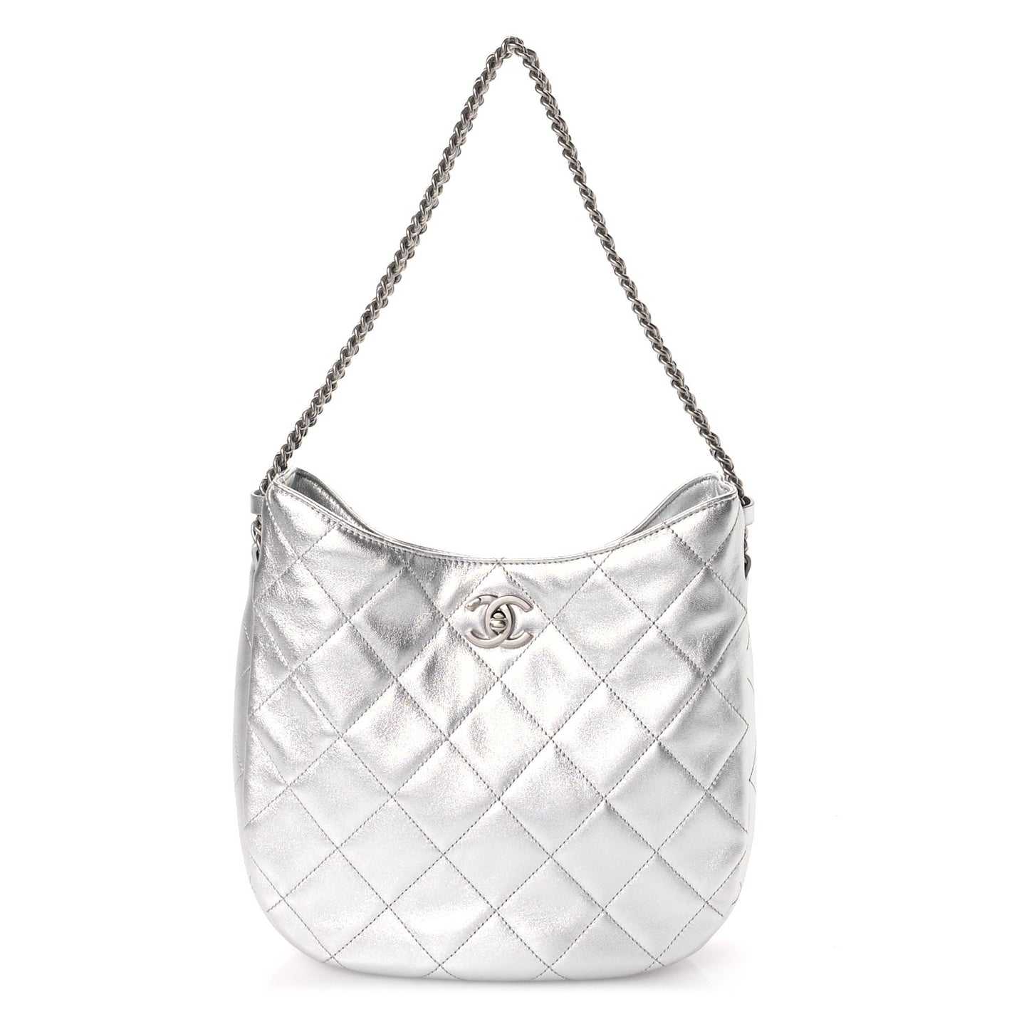 Metallic Lambskin Chain Rows Quilted Chain Hobo Silver
