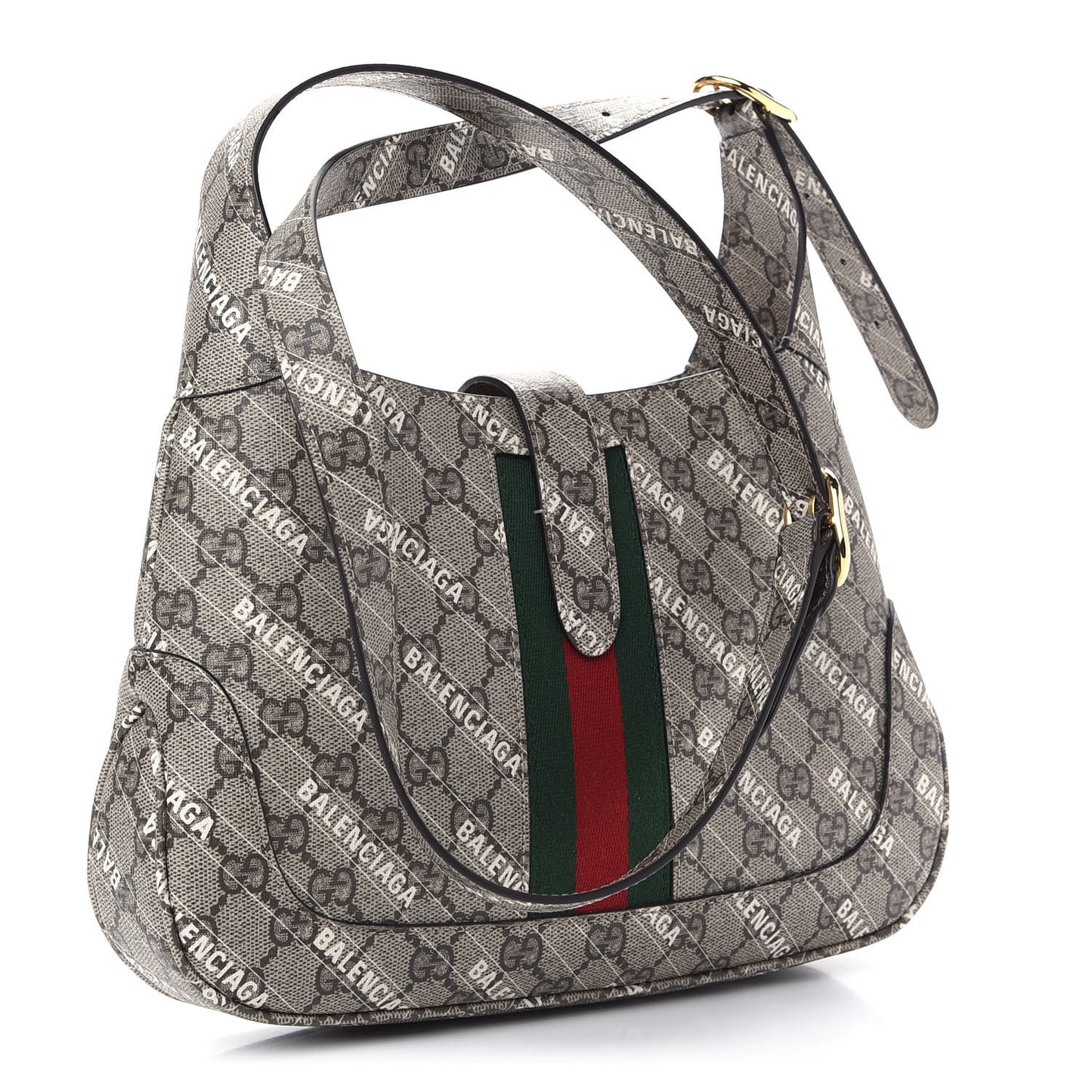 X BALENCIAGA GG Supreme Monogram Striped Logo Print Web Small Jackie 1961 Hobo Beige Ebony Mystic White