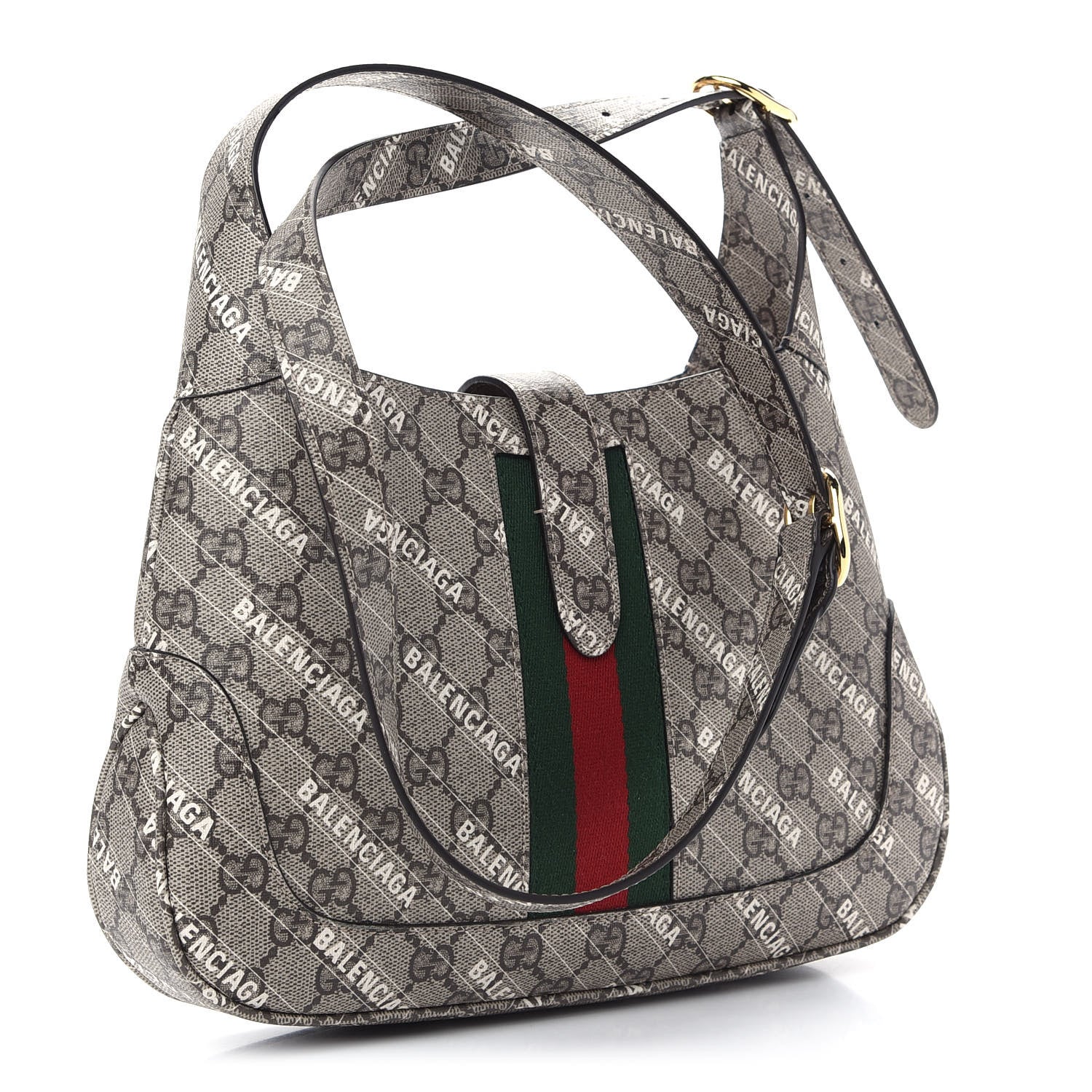 Gucci X BALENCIAGA GG Supreme Monogram Striped Logo Print Web Small Jackie 1961 Hobo Beige Ebony Mystic White 3 of 9
