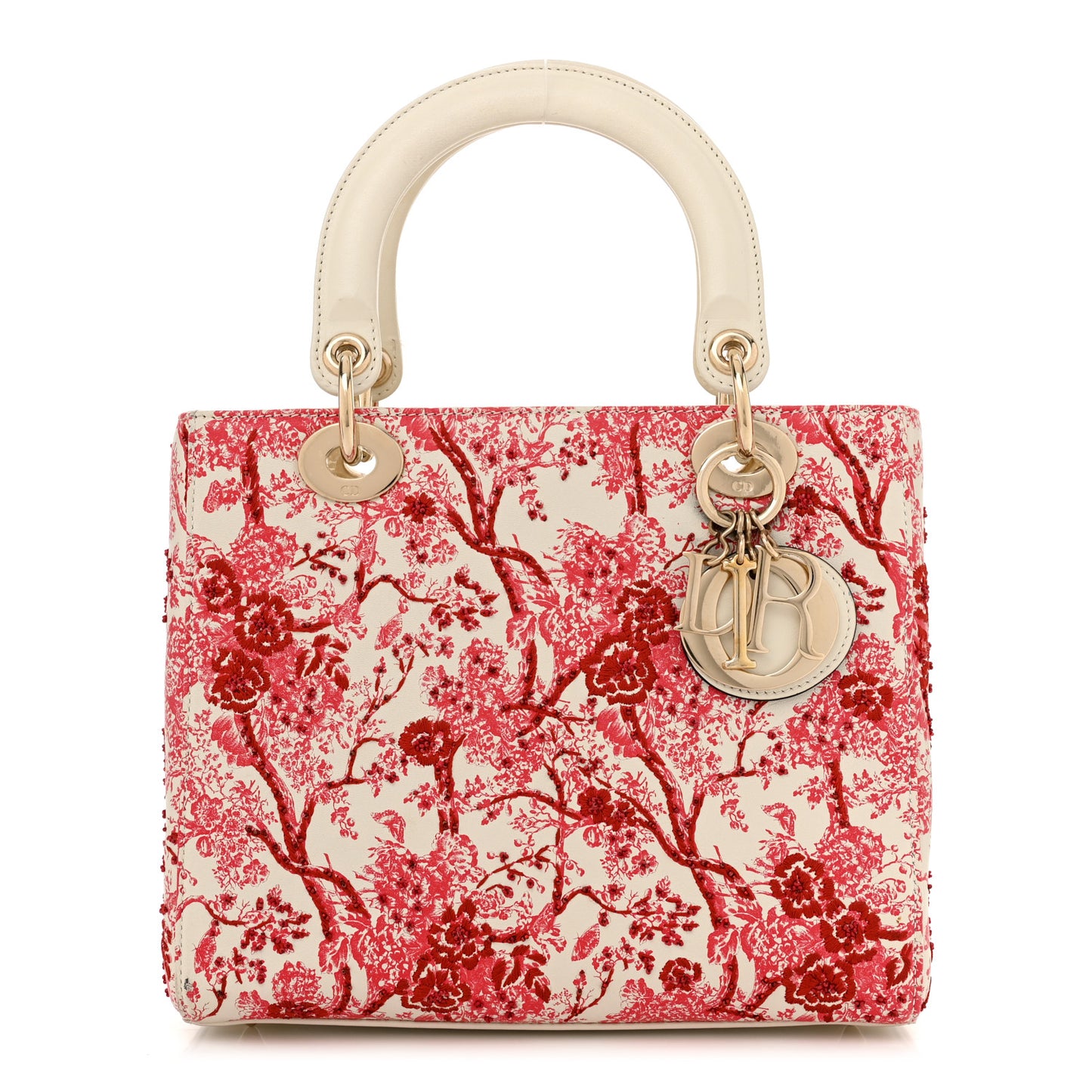 Lambskin Embroidered Floral Toile de Jouy Medium Lady Dior White Red