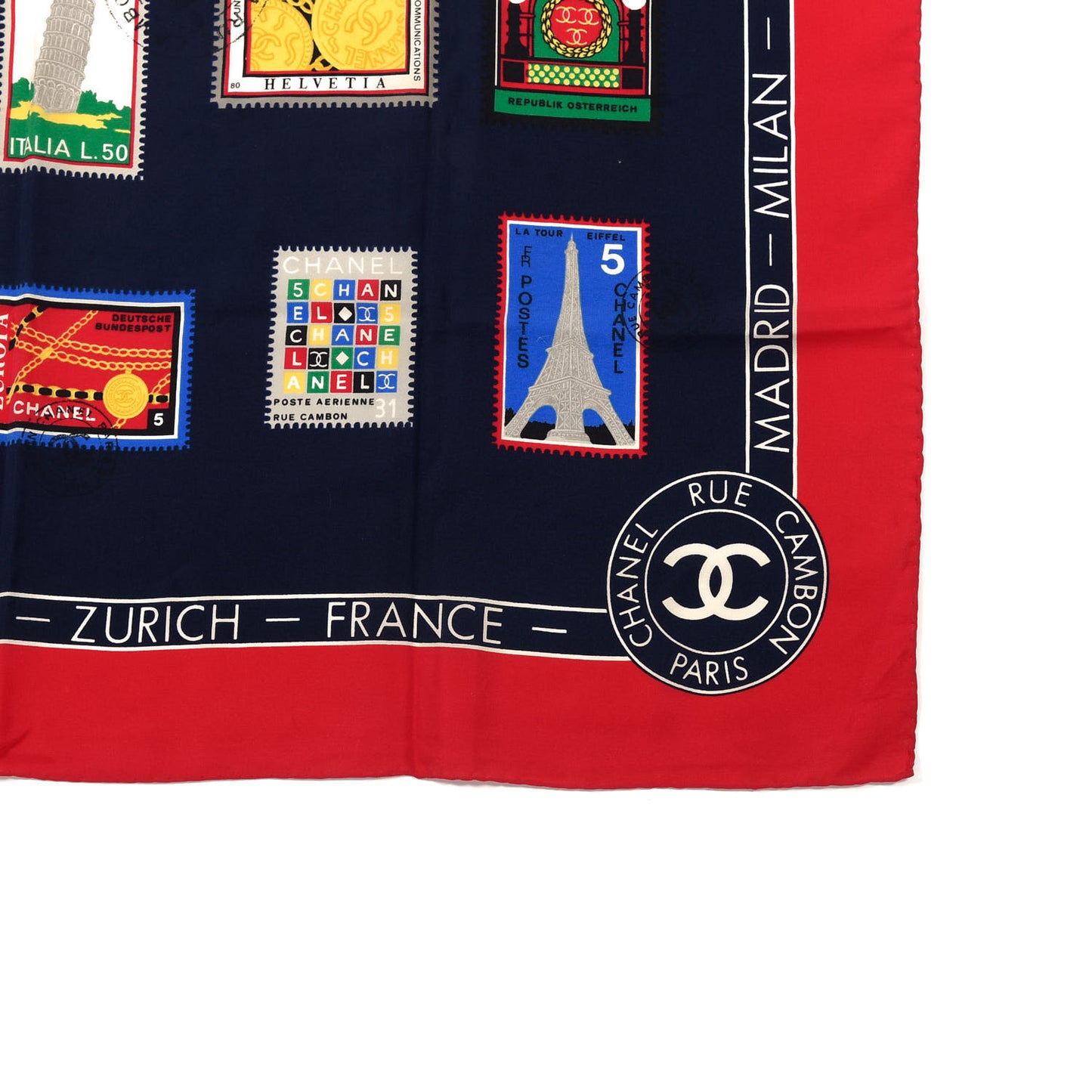 Silk Stamps Square Scarf Navy Red
