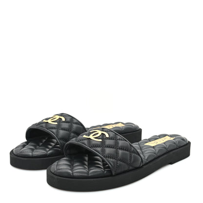 Chanel Lambskin Quilted Textured CC Mules Sandals 38.5 Black 4 of 9