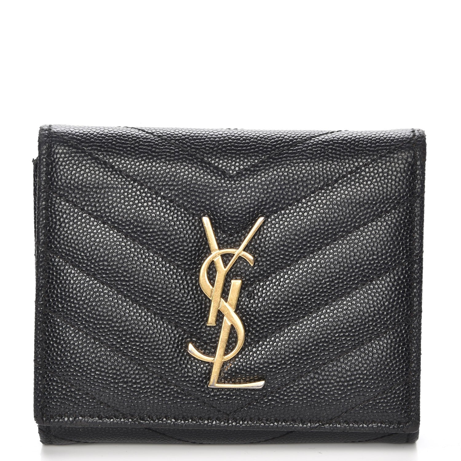 Saint Laurent Grain De Poudre Matelasse Chevron Monogram Compact Wallet Black 1 of 8