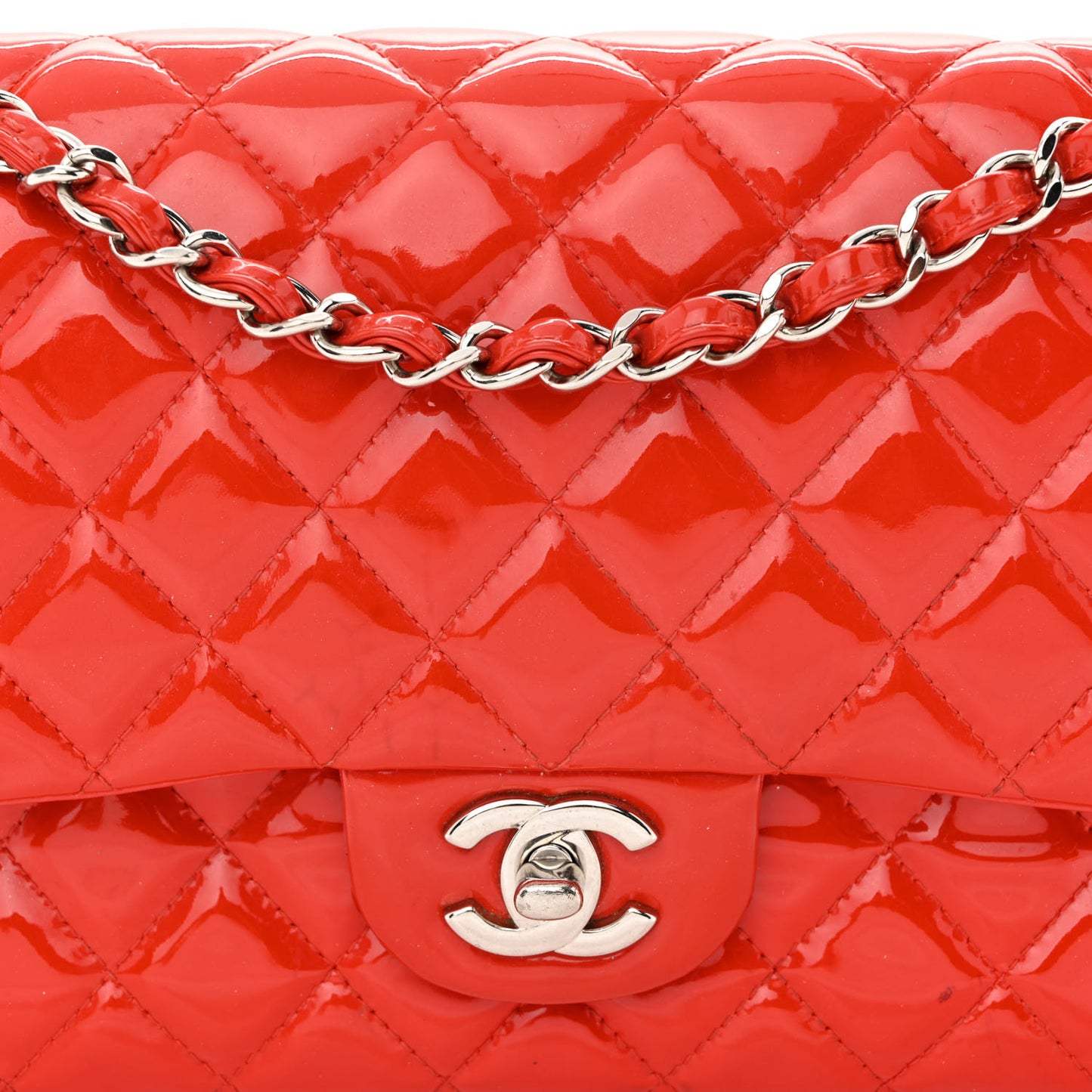 Patent Calfskin Quilted Medium Double Flap Red