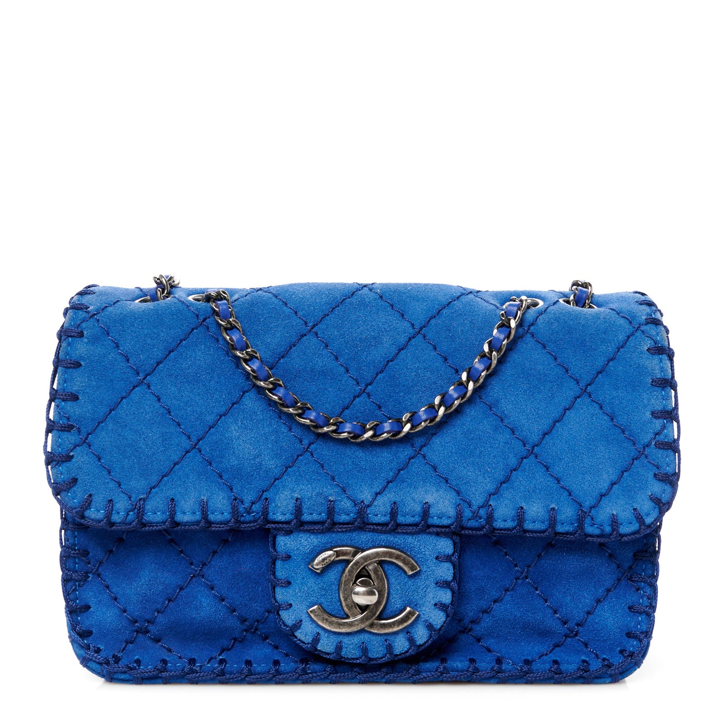 Suede Quilted Whipstitch Mini Flap Blue