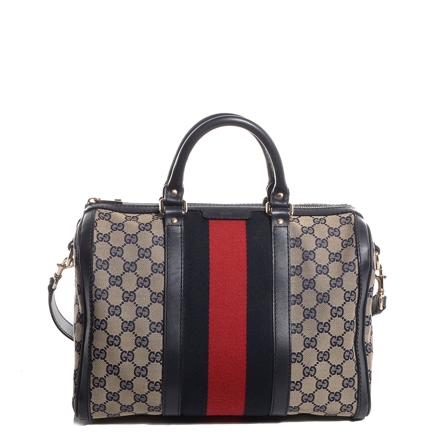 Gucci Monogram Selleria Calfskin Vintage Web Medium Boston Beige Blue 1 of 7